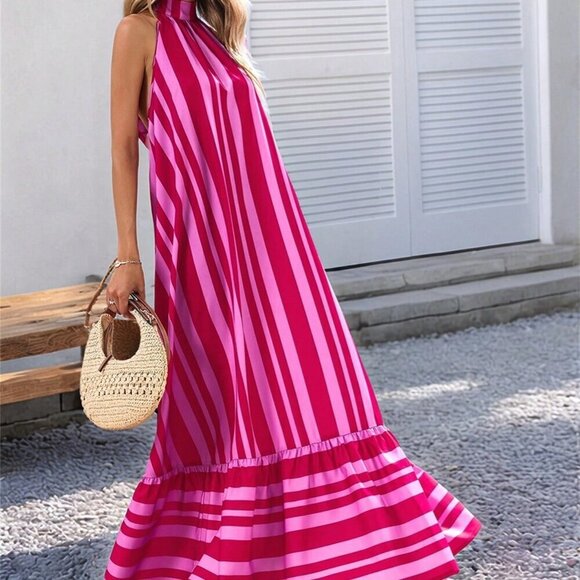 Pink Striped Casual Women's tie halter neck ruffled hem maxi Dress - Picture 4 of 6